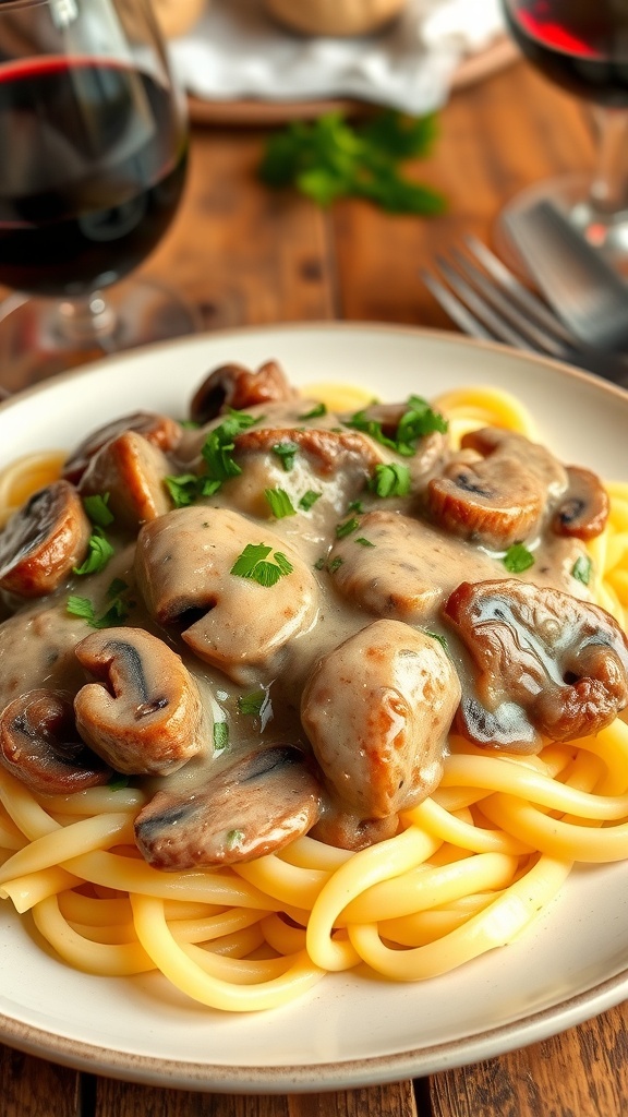 A plate of Beef and Mushroom Stroganoff with egg noodles and parsley on a rustic table.